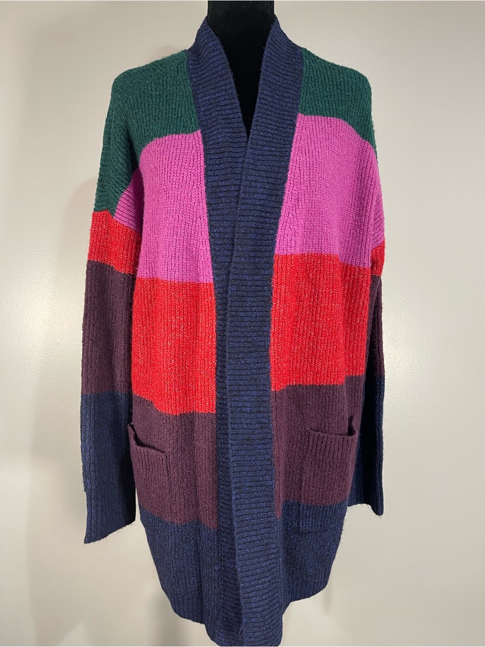 Torrid Colorblock Open-Front Cardigan Sweater - Green Pink Red Navy NWT sz.00
